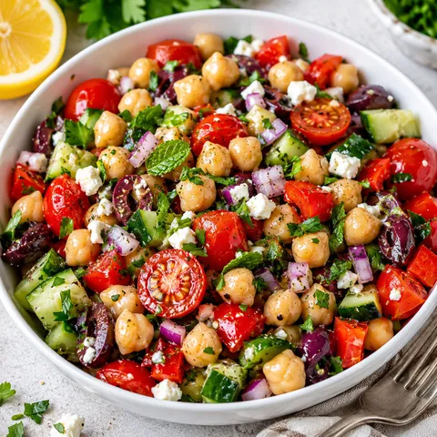 Mediterranean chickpea salad with feta, cucumber, tomatoes, olives, and herbs