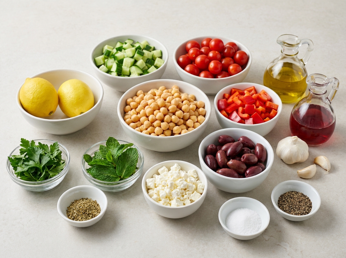 Ingredients for Mediterranean chickpea salad with vegetables, feta, lemon, and herbs