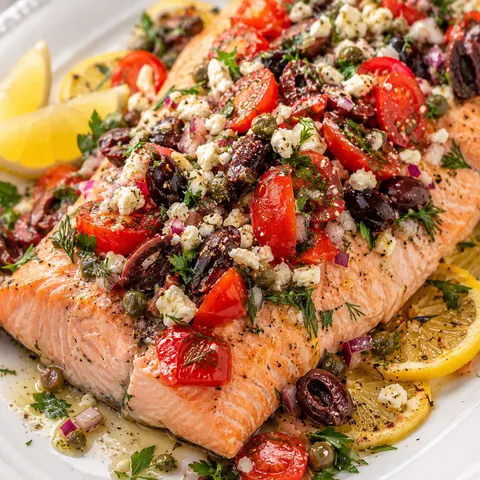 Mediterranean salmon with olive feta topping, tomatoes, herbs, and lemon