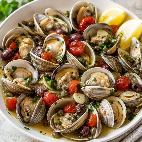 Mediterranean steamed clams with tomatoes, olives, capers, and parsley