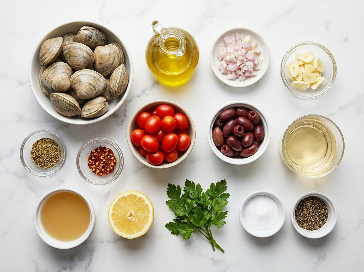 Ingredients for Mediterranean steamed clams with wine, tomatoes, and herbs