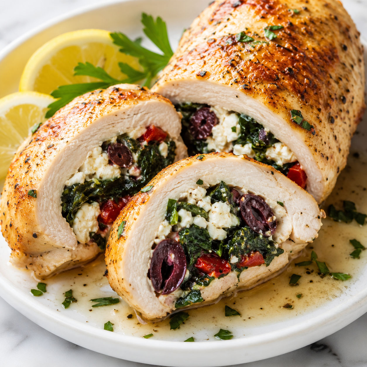 Mediterranean stuffed chicken with spinach feta olives and lemon