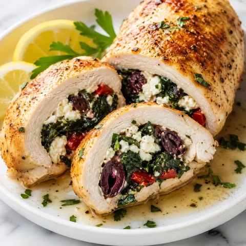 Mediterranean stuffed chicken with spinach feta olives and lemon
