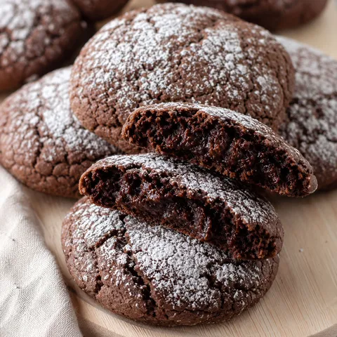 Stack of chocolate meltaway brownie cookies dusted with powdered sugar on a wooden board
