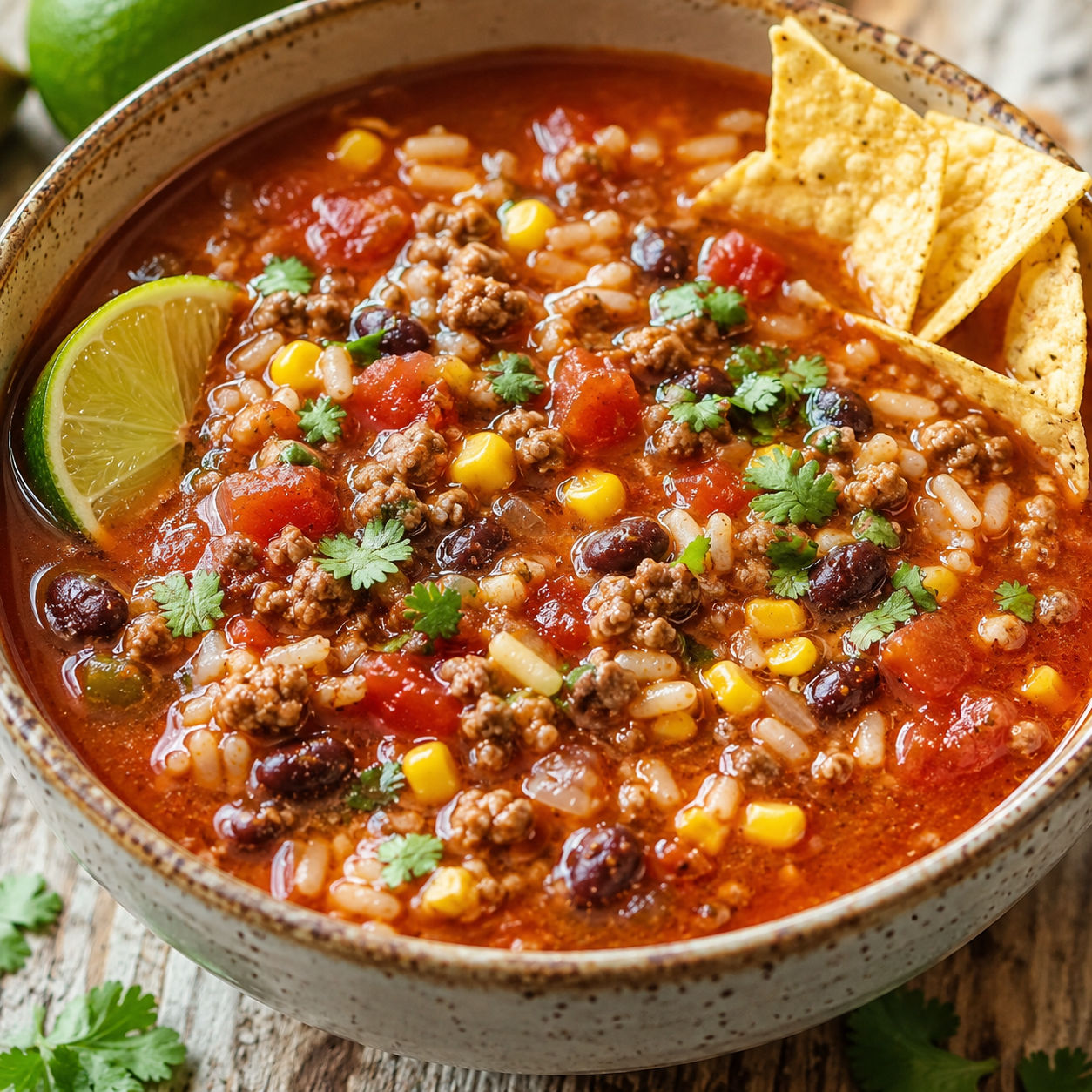 Mexican beef and rice soup with beans, corn, cilantro, and lime