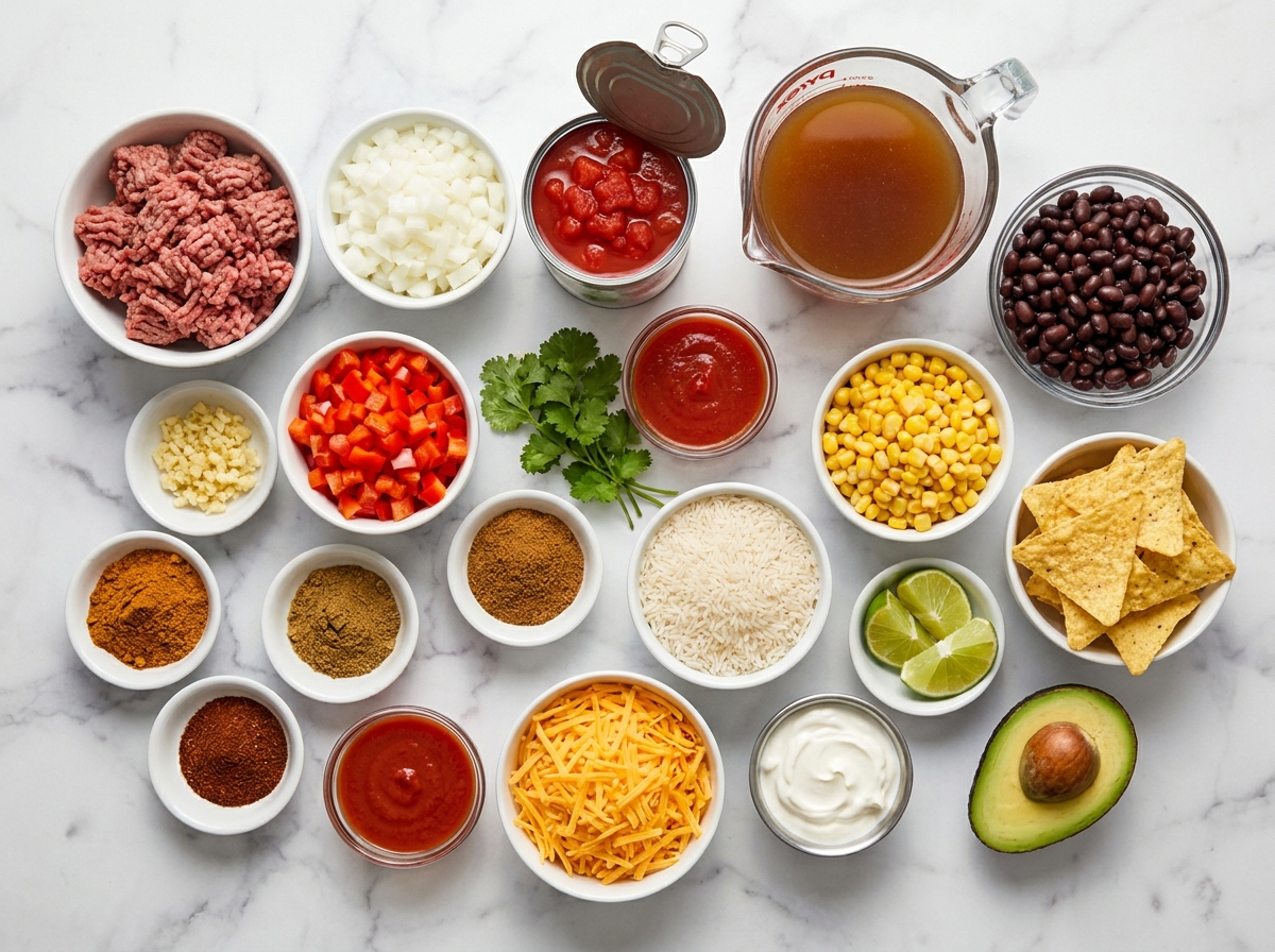 Ingredients for Mexican beef and rice soup with beans, corn, rice, and lime