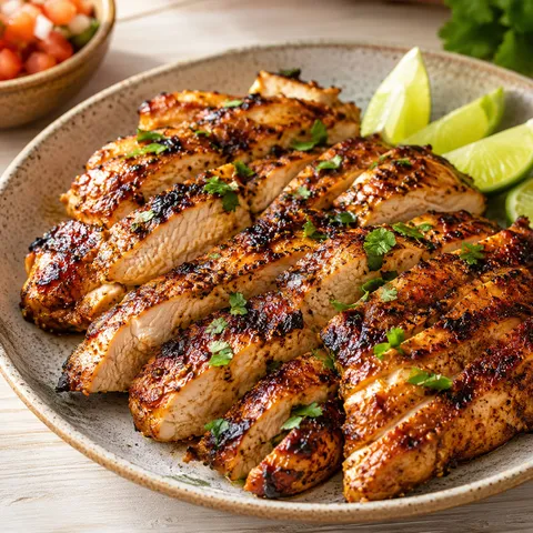 Grilled Mexican lime chicken with cilantro and lime wedges