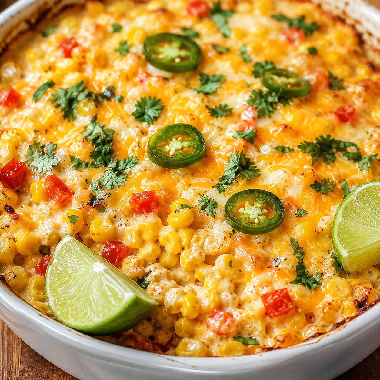Mexican corn casserole with melted cheese, cilantro, jalapeno, and lime