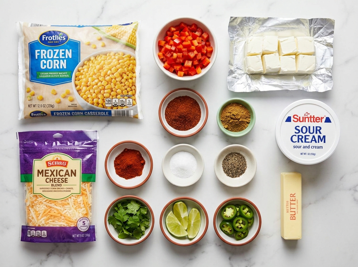 Ingredients for Mexican corn casserole with corn, cheeses, peppers, and spices
