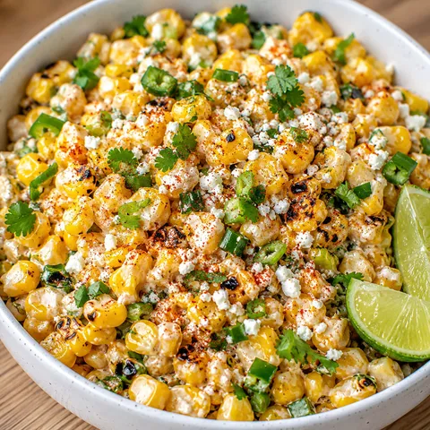 Mexican street corn salad with cotija, cilantro, jalapeño, and lime