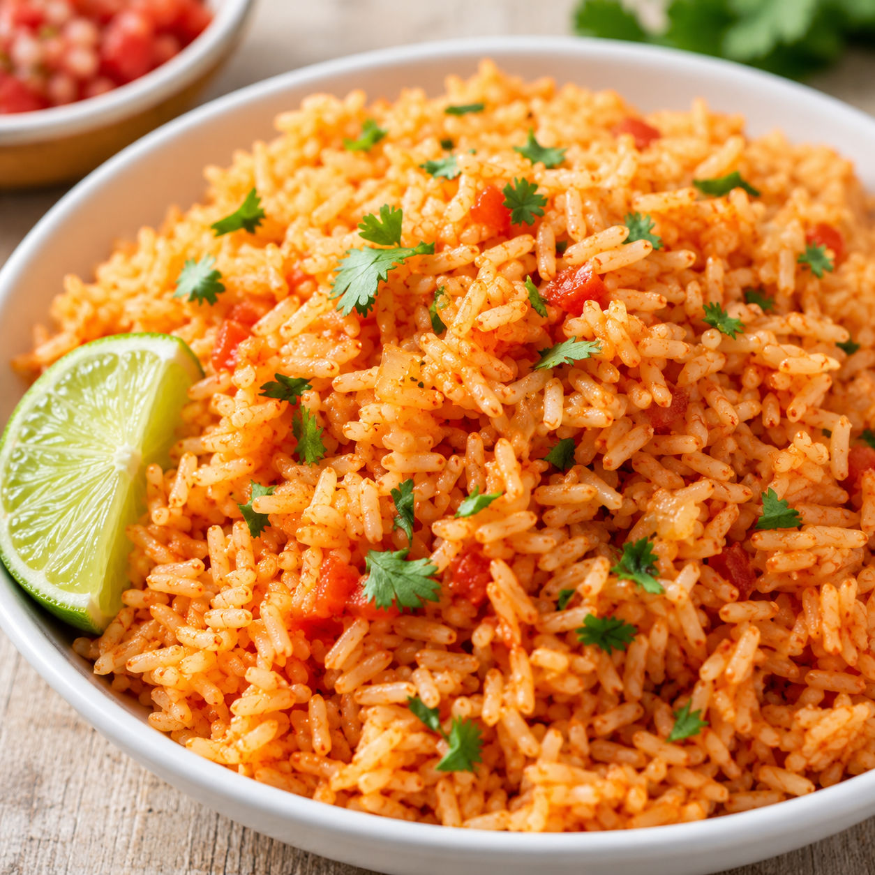 Fluffy Mexican style rice with cilantro and lime in a white bowl