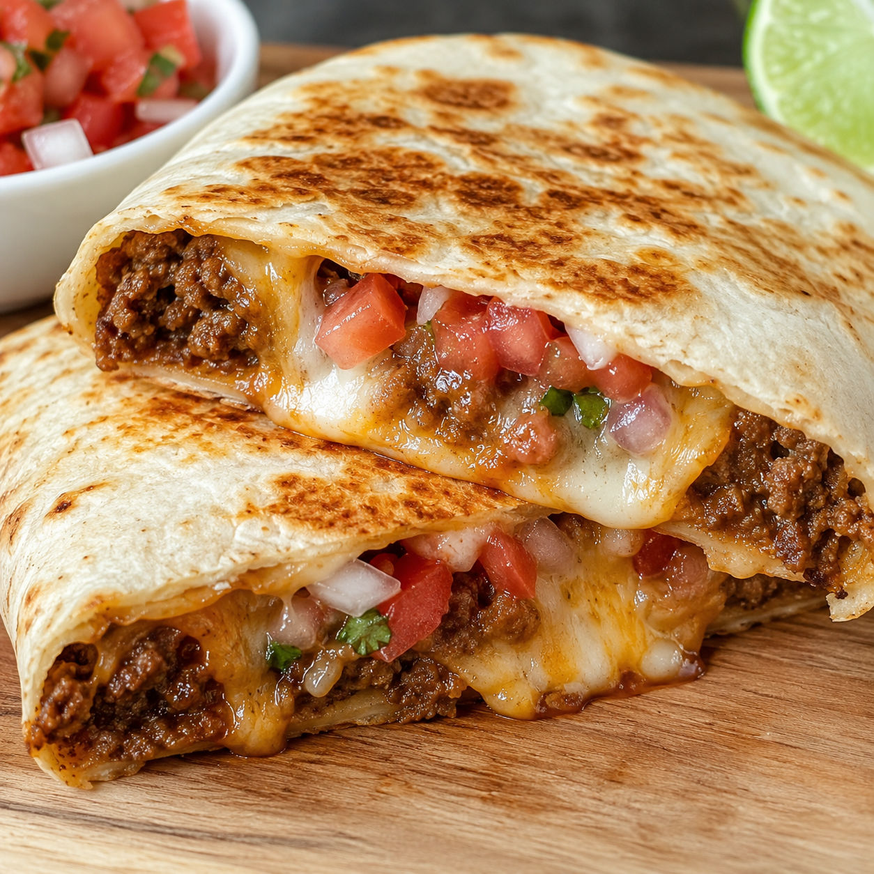 Homemade Taco Bell Meximelt cut in half showing beef, melted cheese, and pico de gallo