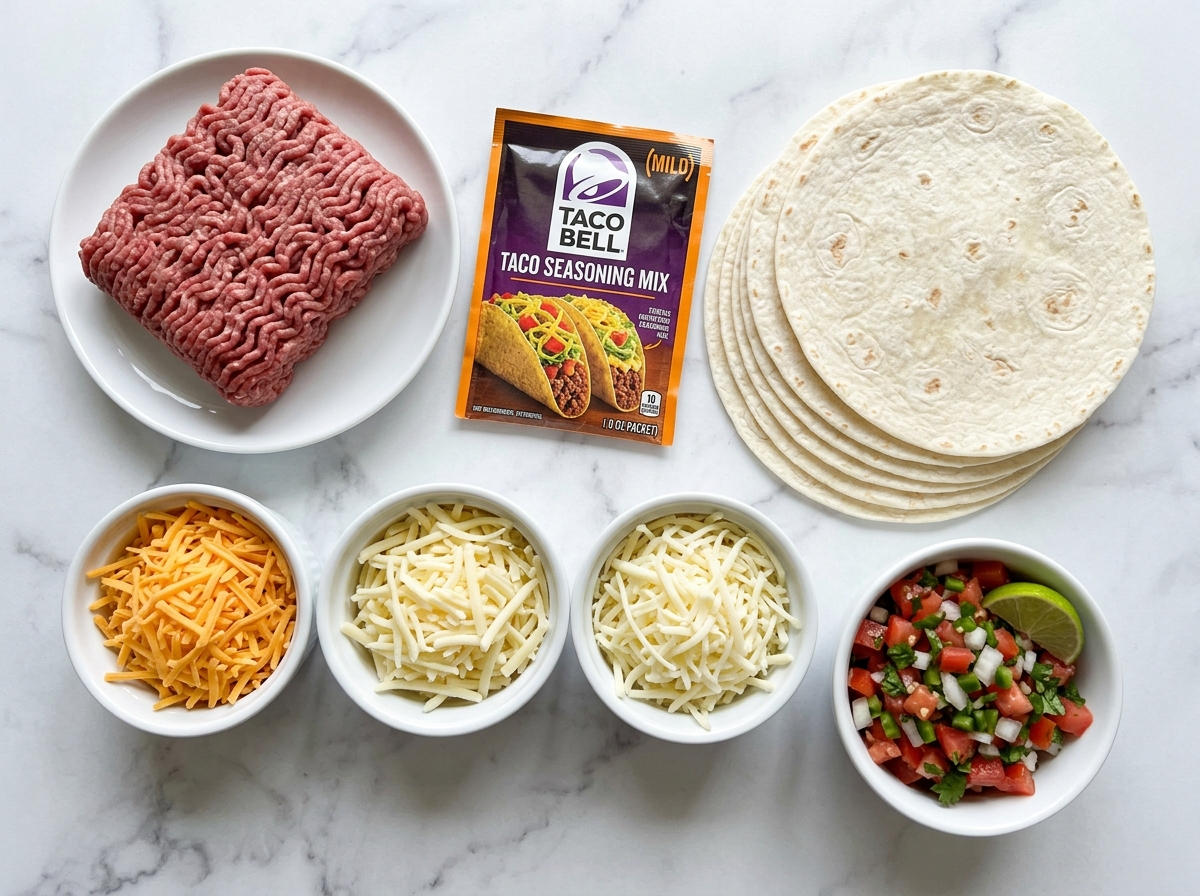 Raw ingredients for copycat Meximelts including beef, tortillas, cheese, and pico de gallo