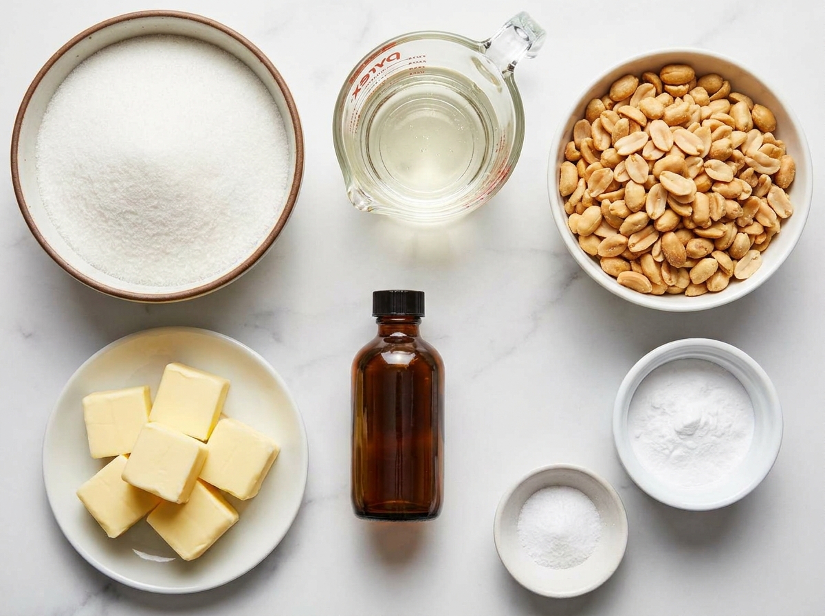 Sugar, corn syrup, peanuts, butter, vanilla, and baking soda for peanut brittle