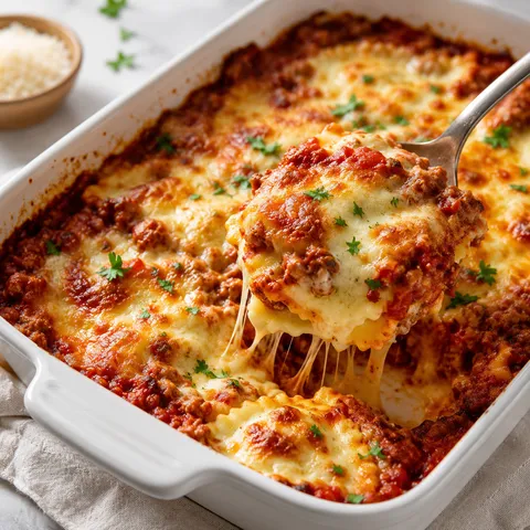 Million dollar ravioli casserole with melted cheese and parsley