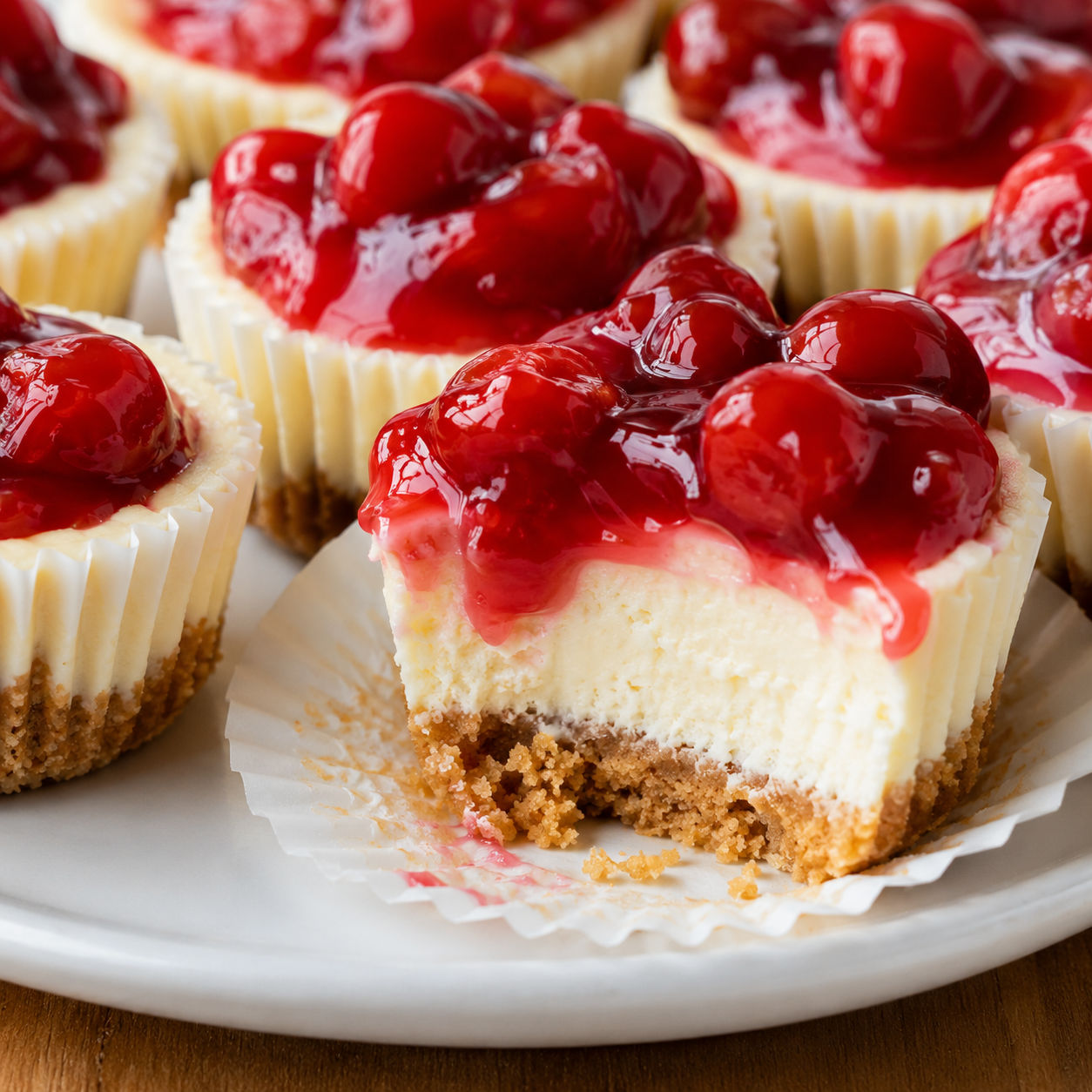 Mini cheesecakes with cherry topping on a white platter