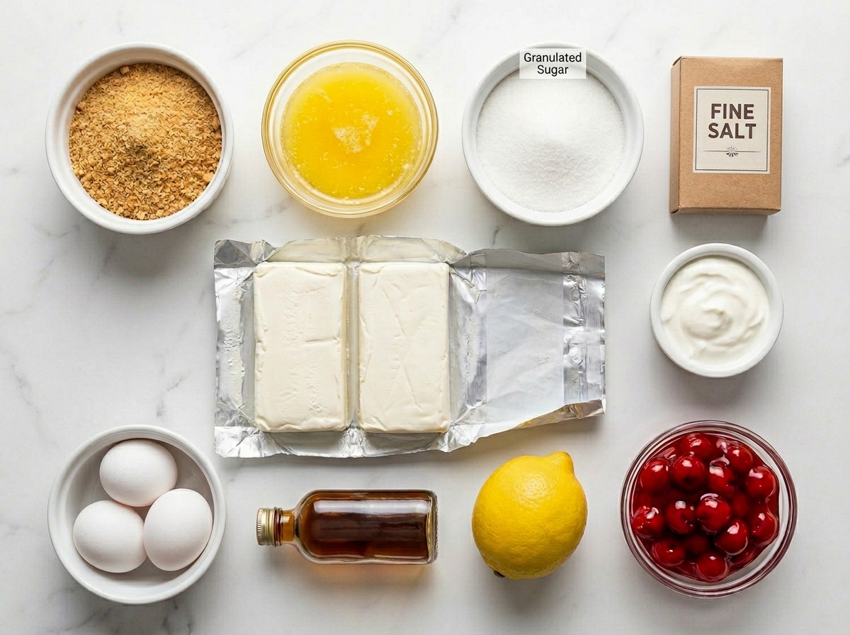 Ingredients for mini cherry cheesecakes arranged on a kitchen counter