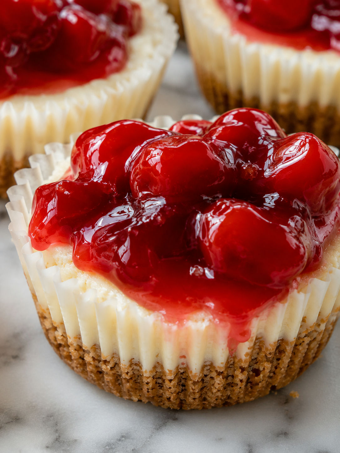 Easy Mini Cheesecakes Recipe with Cherry Topping, plated and served