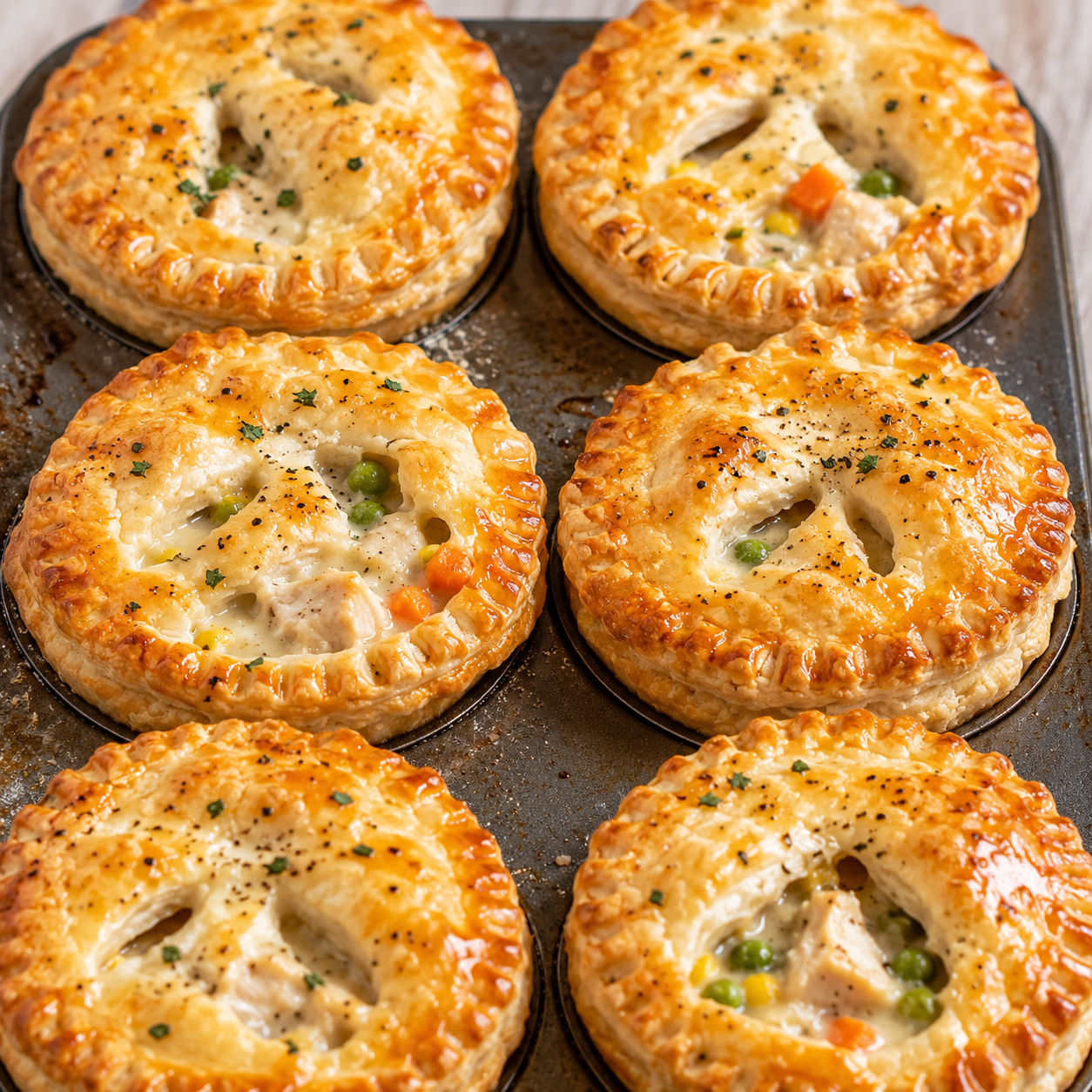 Golden baked mini chicken pot pies in a muffin tin with flaky crusts