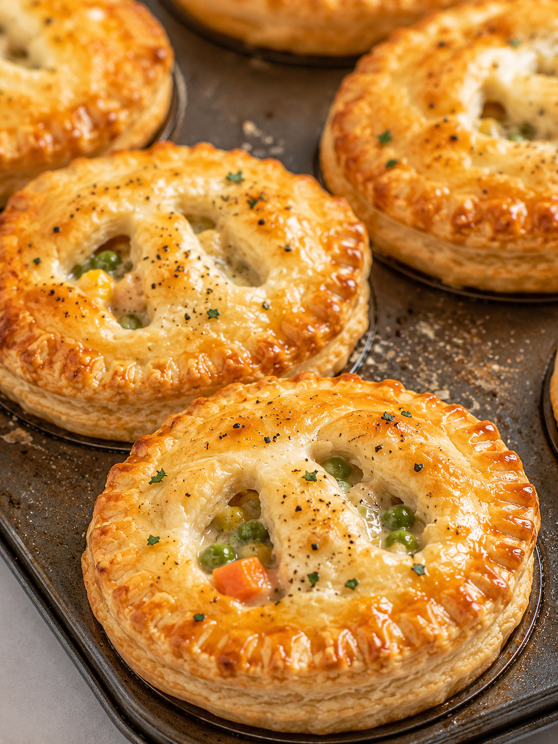 Easy Mini Chicken Pot Pies, plated and served