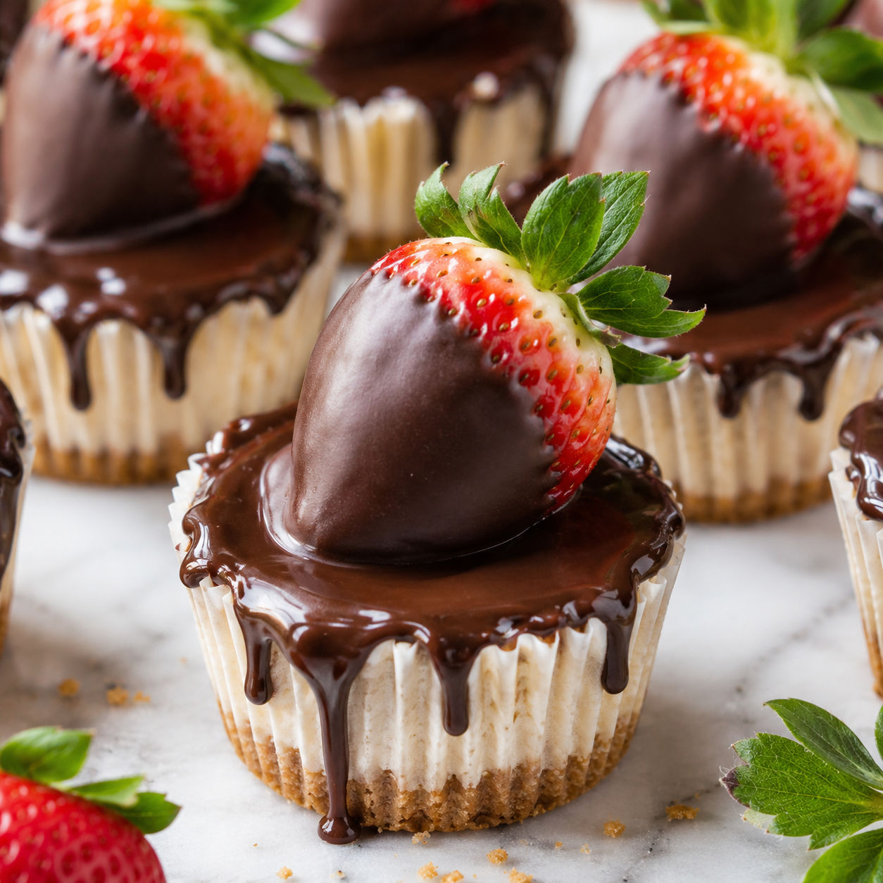 Mini strawberry cheesecakes with chocolate dipped berries and graham crust