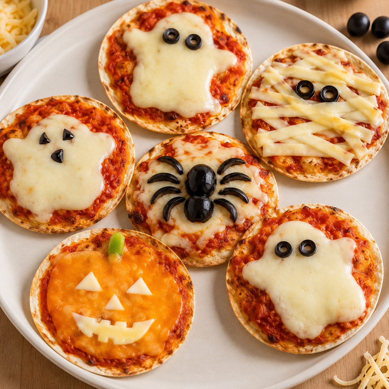 Mini Halloween pizzas with cheese ghosts, olive spiders, and cheddar pumpkins