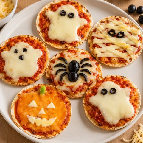 Mini Halloween pizzas with cheese ghosts, olive spiders, and cheddar pumpkins