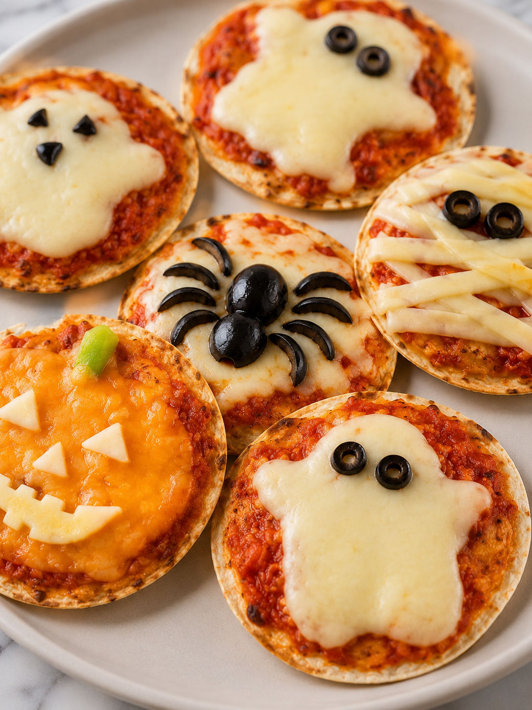 Easy Mini Halloween Pizzas, plated and served