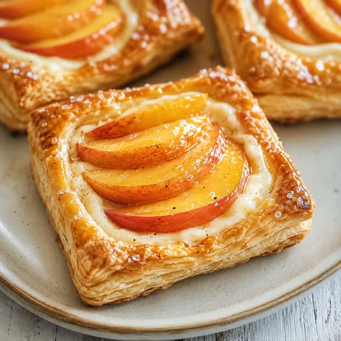 Mini peach cream cheese tarts with glossy peaches on flaky puff pastry