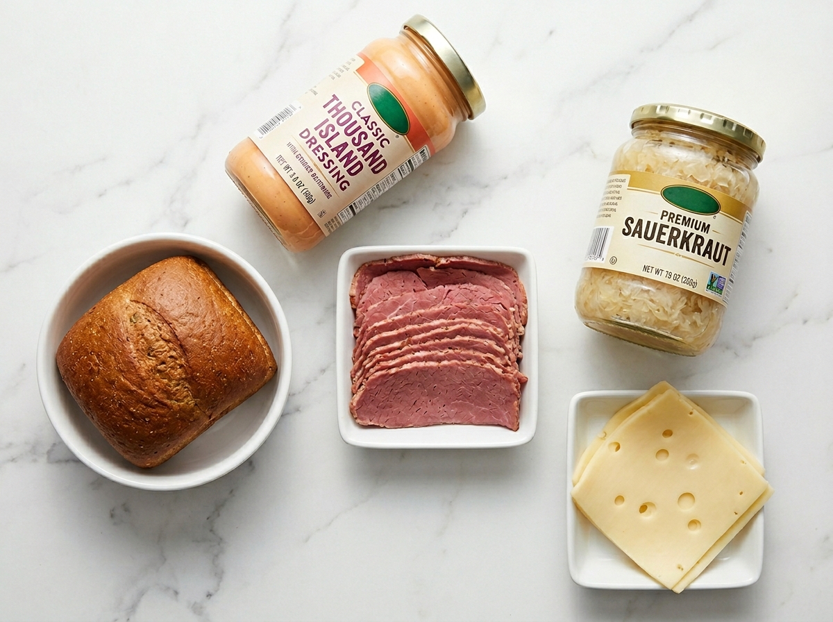 Raw ingredients for mini Reuben appetizers on a wooden surface