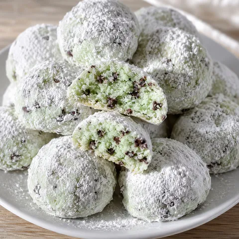 Mint chocolate chip snowball cookies coated in powdered sugar on a white plate