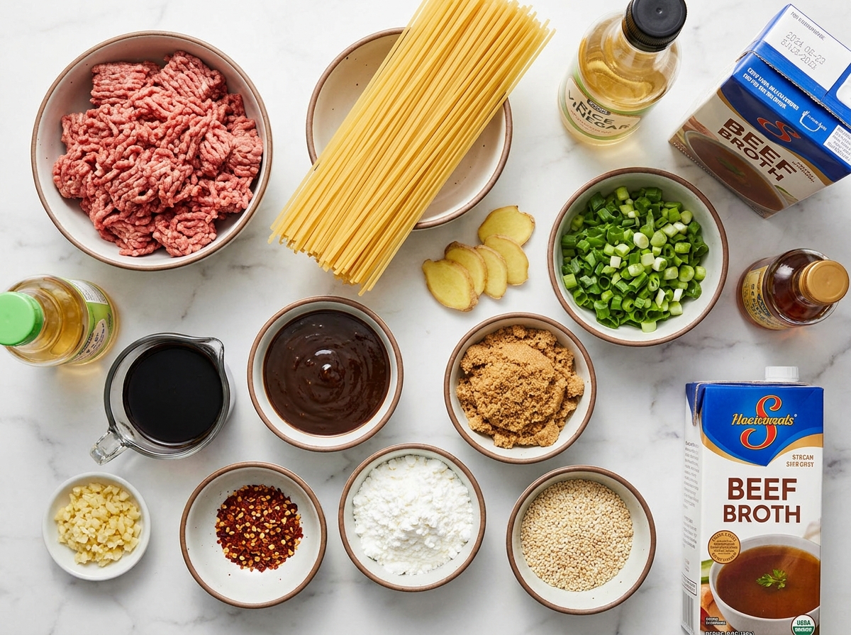 Ingredients for Mongolian ground beef noodles with hoisin and soy sauce