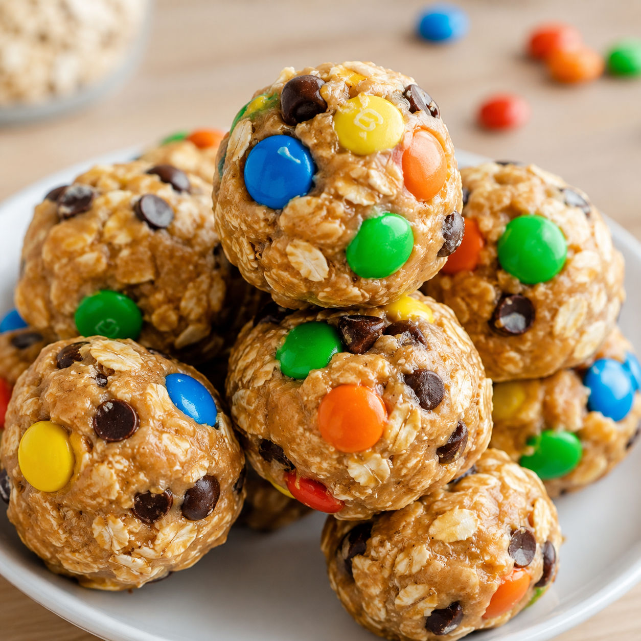 Monster energy bites with oats, chocolate chips, and colorful candy pieces
