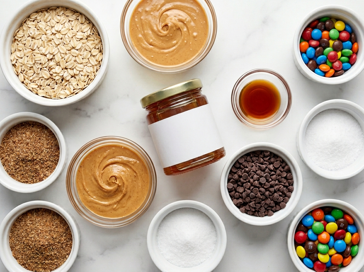 Ingredients for monster energy bites with oats, peanut butter, honey, and chocolate