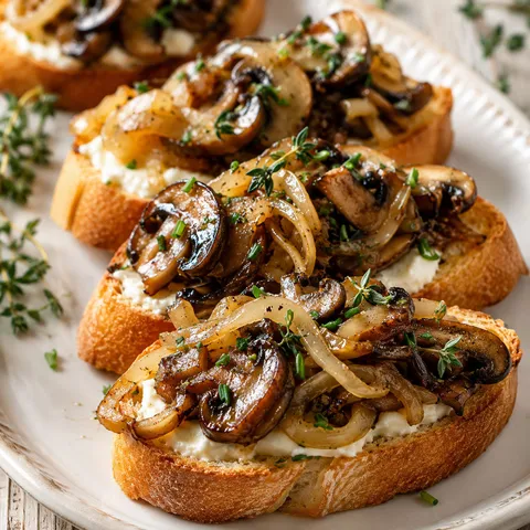 Mushroom crostini with caramelized onions, goat cheese, thyme and chives