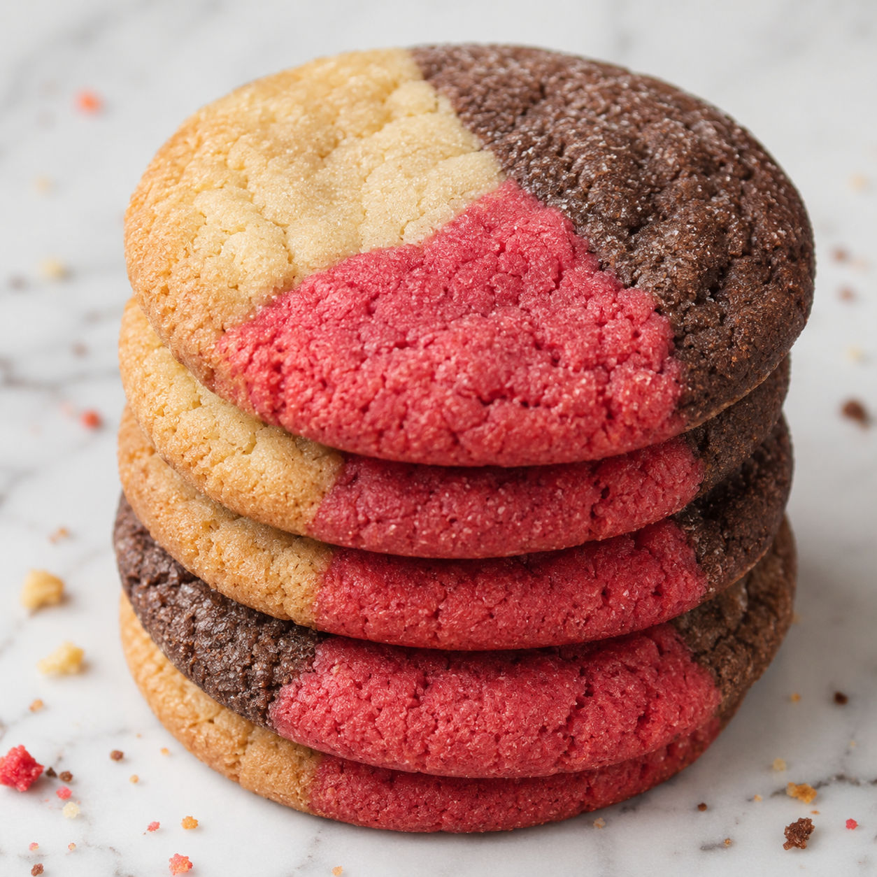 Stack of tri-color Neapolitan sugar cookies with crisp sugar edges