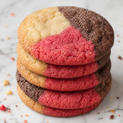 Stack of tri-color Neapolitan sugar cookies with crisp sugar edges
