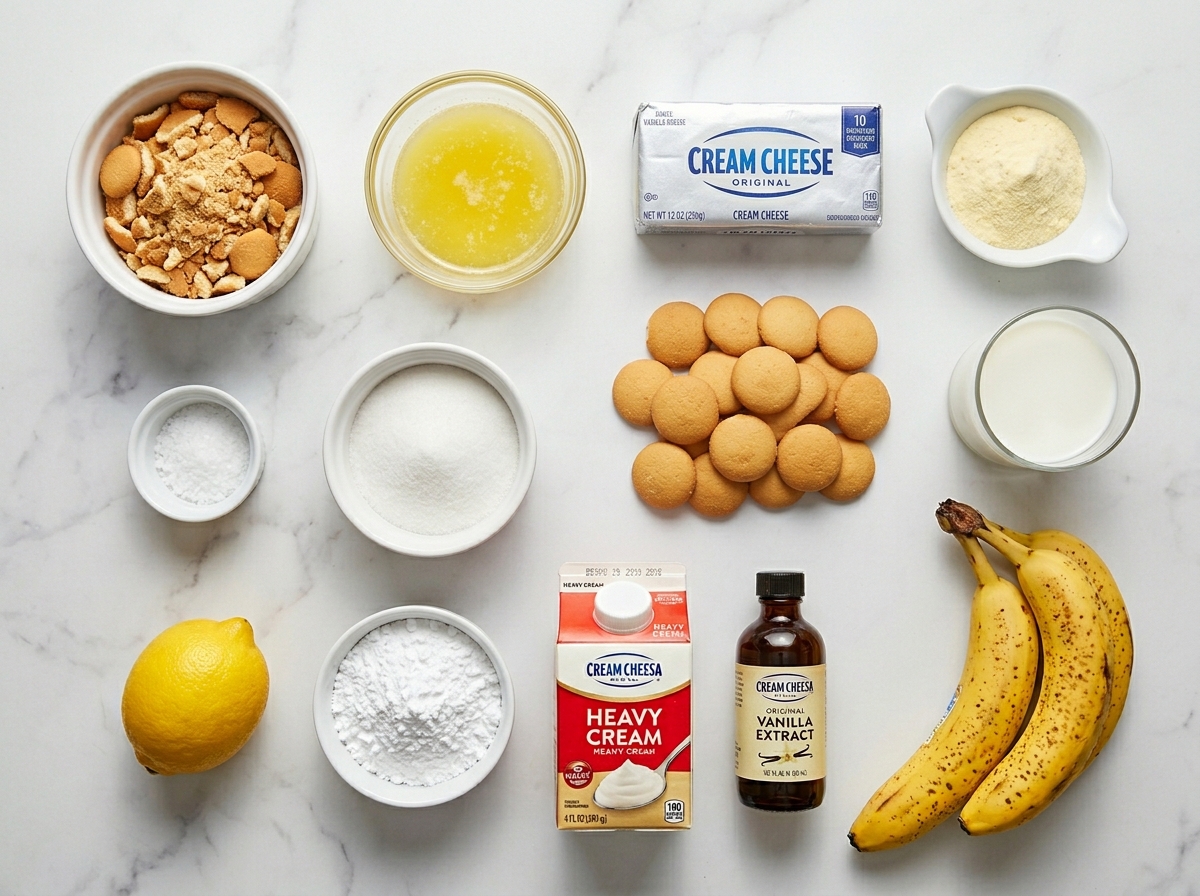 Ingredients for banana pudding cheesecake with wafers, bananas, and cream cheese