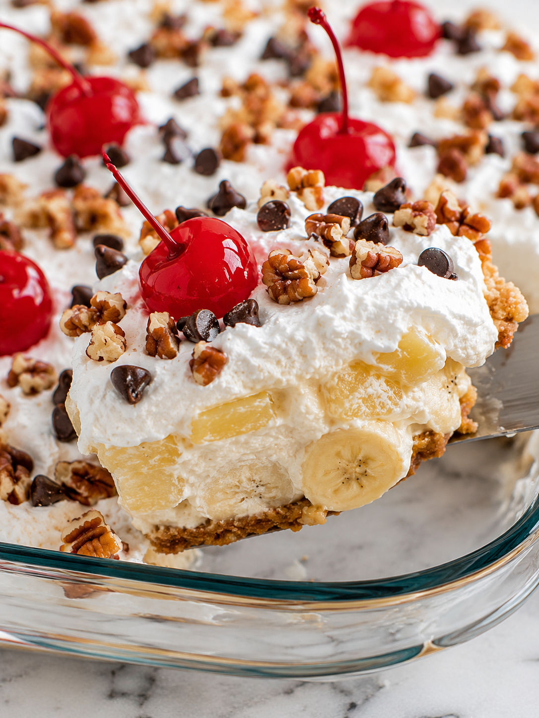 Easy No-Bake Banana Split Cake, plated and served