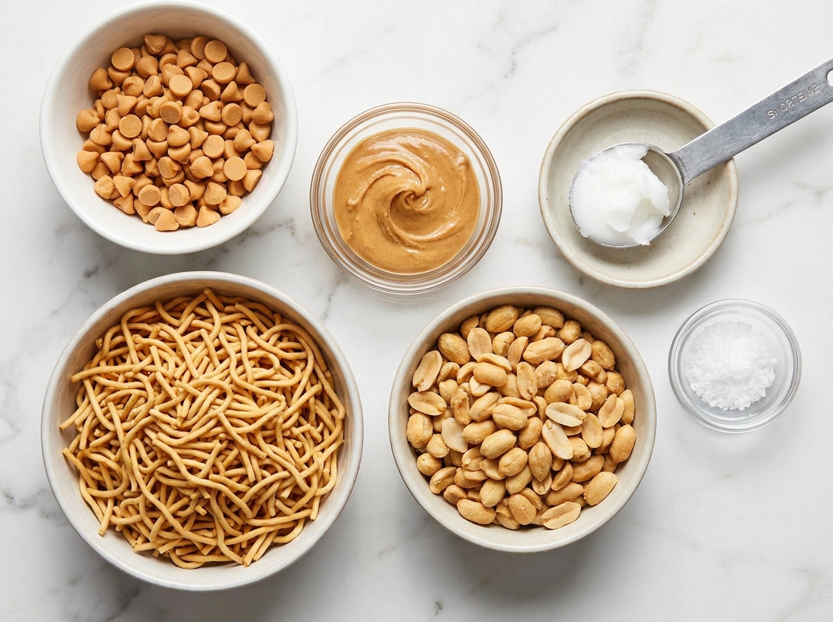 Ingredients for butterscotch haystacks with noodles, peanuts, and peanut butter