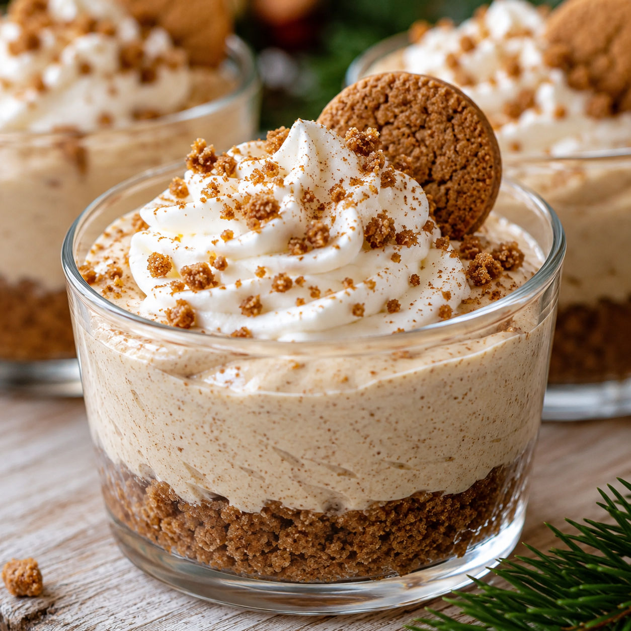 Gingerbread cheesecake cups with whipped cream and cookie crumbs