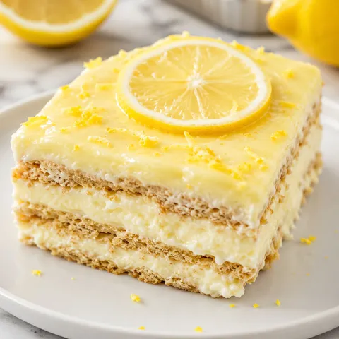 Lemon eclair cake slice with creamy layers and glossy lemon frosting