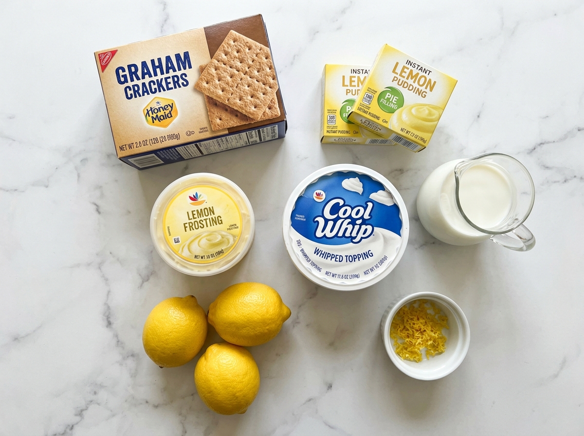Ingredients for lemon eclair cake with graham crackers, pudding, milk, and lemons