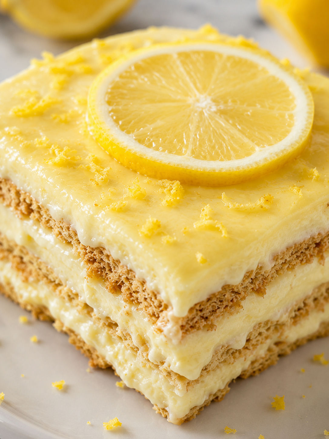 Easy No-Bake Lemon Eclair Cake, plated and served