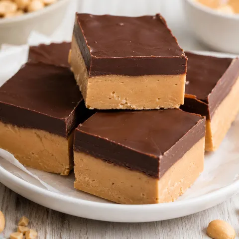 Peanut butter buckeye bars with glossy chocolate tops on parchment