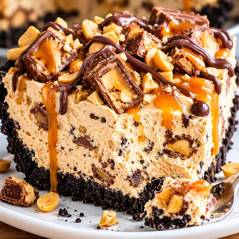 No-bake Snickers pie with chopped candy bars and peanut topping in Oreo crust