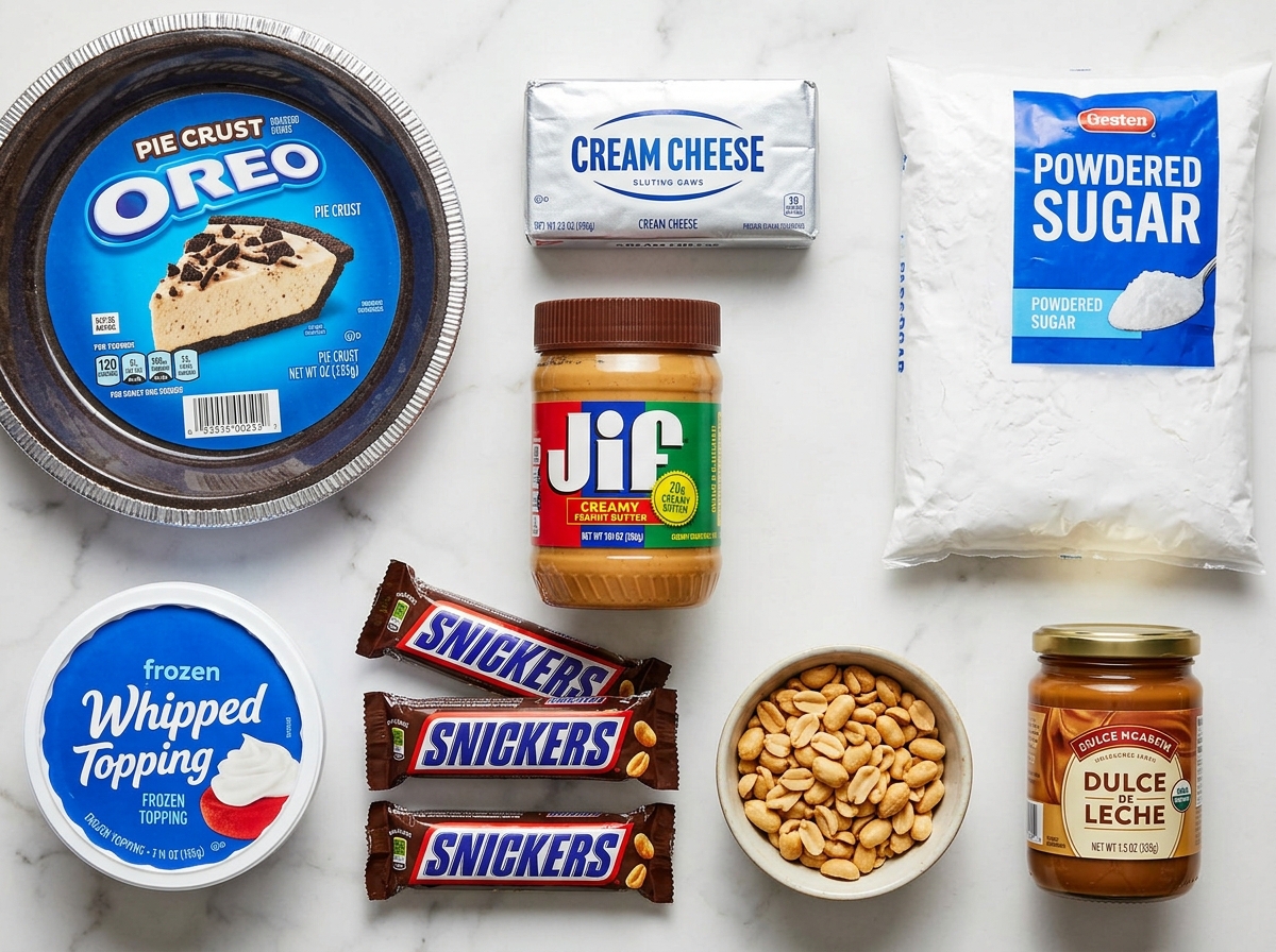 Ingredients for no-bake Snickers pie on a wooden counter