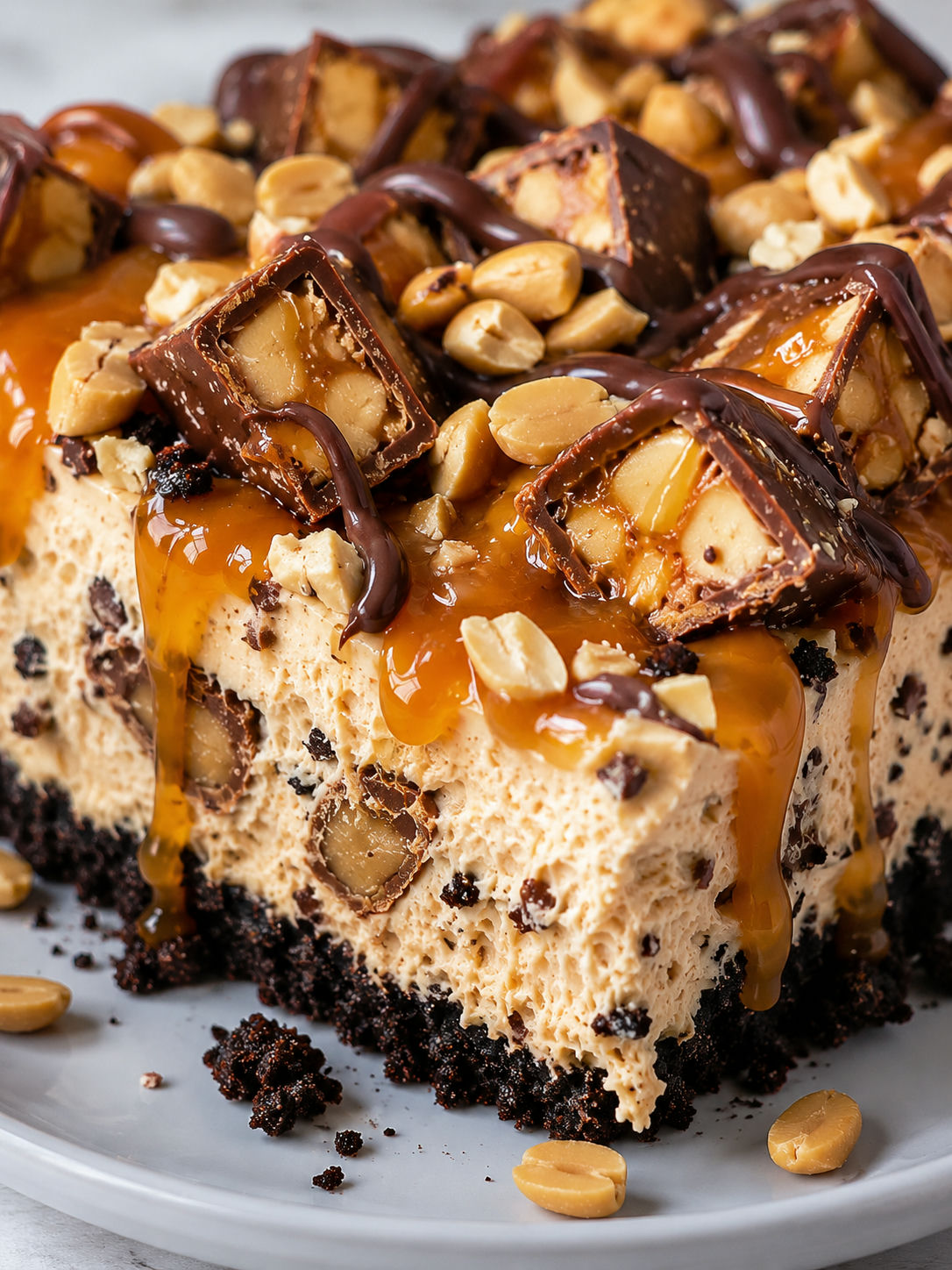 Easy No Bake Snickers Pie, plated and served