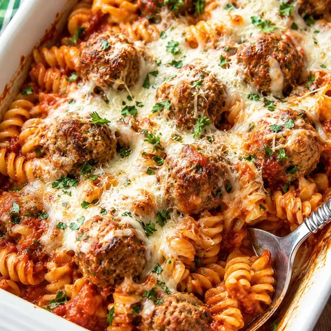 Meatball and pasta casserole with marinara, melted mozzarella, and parsley