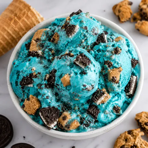 Blue Cookie Monster ice cream with Oreo and chocolate chip cookie pieces